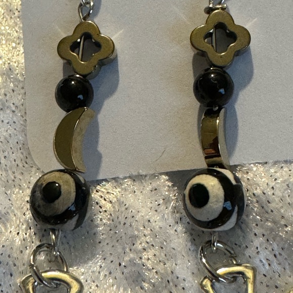 Puzzle Earrings Dangling with Hematite moon & star with Crazy Eye bead. Cute! - Picture 3 of 5